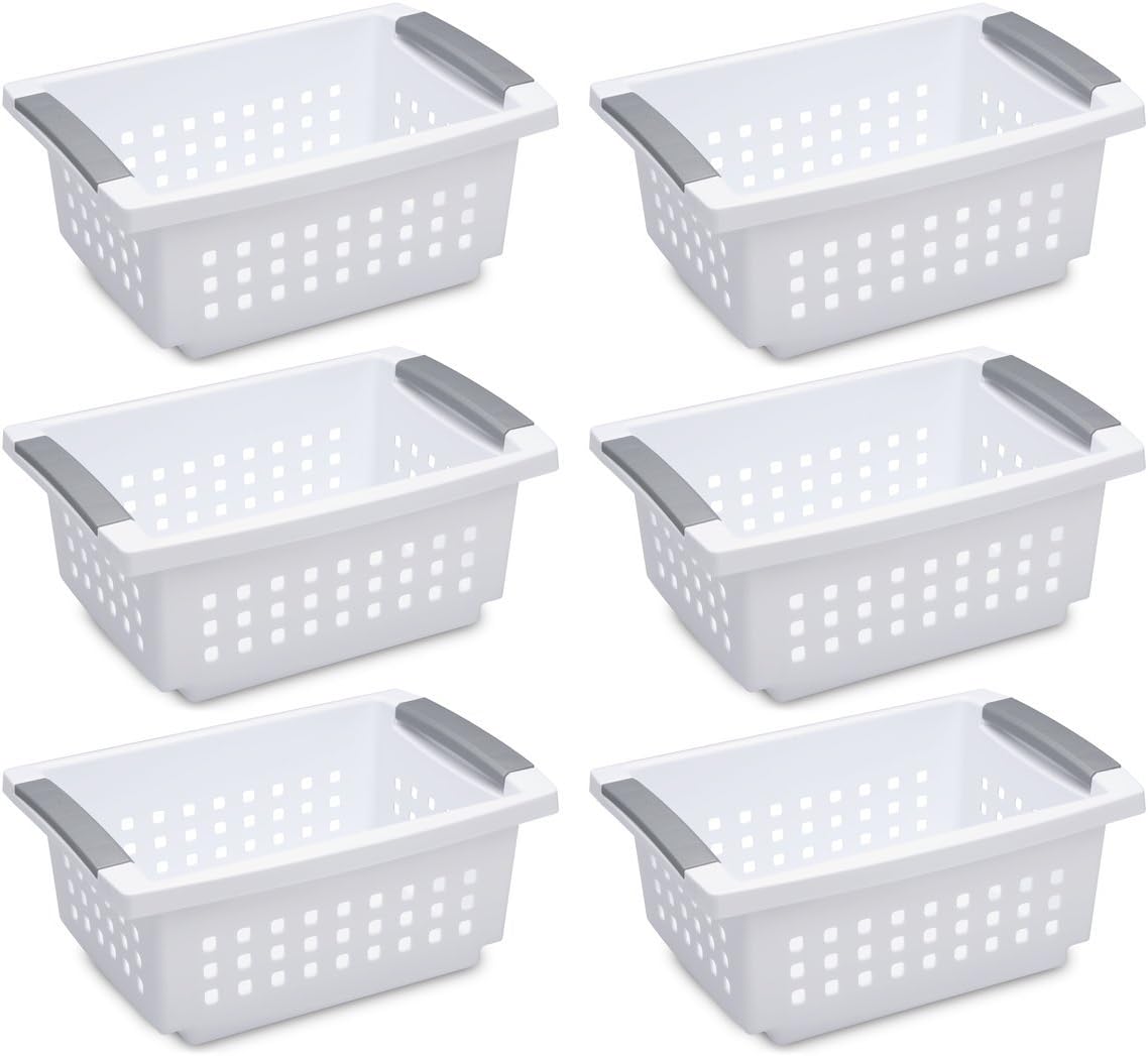 Sterilite Small Stacking Basket, White with Titanium Accents, 6-Pack